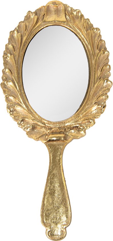 Clayre & Eef Handspiegel 13*1*27 cm Goudkleurig Kunststof Glas Make up Spiegel Cadeau voor haar