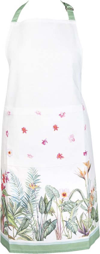 Clayre & Eef Keukenschort 70*85 cm Wit Groen Rood Katoen Tropische planten BBQ Schort Cadeau voor haar Kookschort
