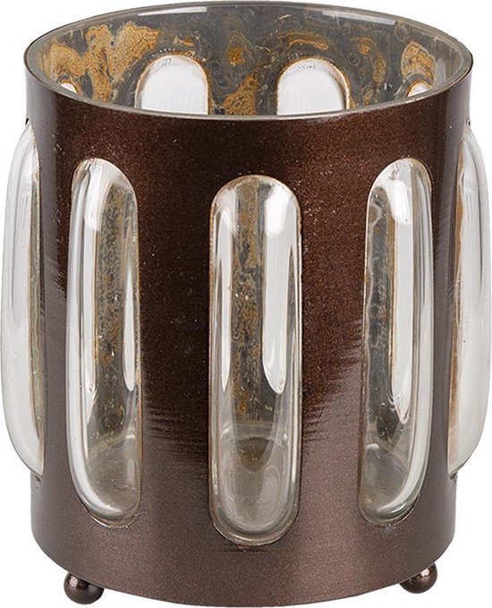 Clayre & Eef Theelichthouder Ø 14*13 cm Bruin Ijzer Glas Rond Waxinelichthouder Windlichthouder