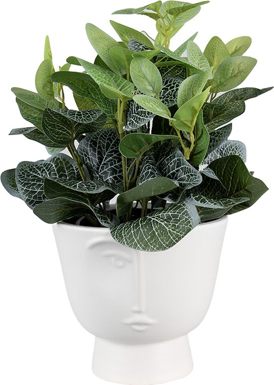 Clayre & Eef Bloempot Ø 17x15 cm Wit Keramiek Gezicht Bloempot binnen Plantenpot Plant pot