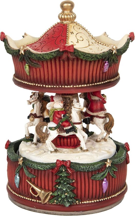 Clayre & Eef Muziekdoos Draaimolen Ø 11*17 cm Rood Kunststof Kerstdecoratie Beeld Decoratief Figuur Decoratieve Accessoires