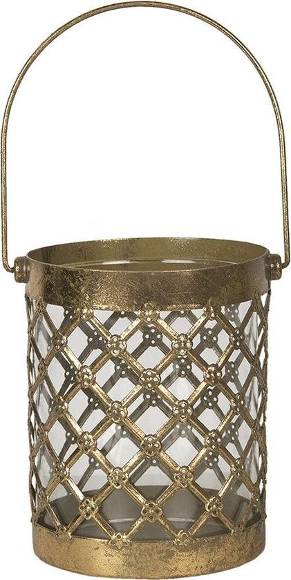 Clayre & Eef Theelichthouder Ø 13*16 cm Goudkleurig Ijzer Glas Rond Waxinelichthouder Windlichthouder