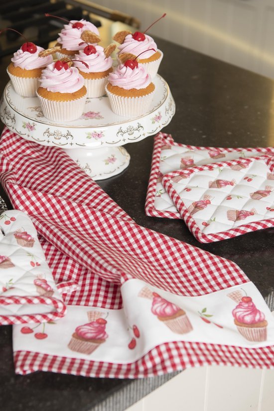 Clayre & Eef Theedoek 50*70 cm Rood Wit Katoen Cupcake Keukenhanddoek Keukendoek Vaatdoek