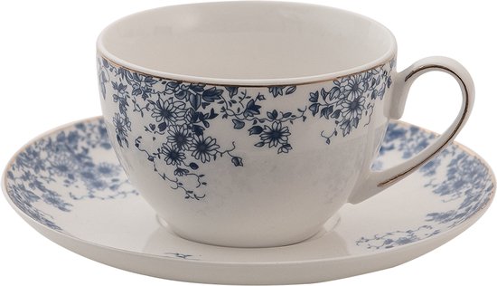 Clayre & Eef Kop en schotel 200 ml Wit Blauw Porselein Bloemen Servies Cadeau voor haar Cappuccino