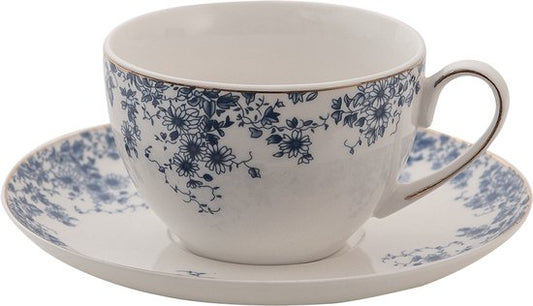Clayre & Eef Kop en schotel 200 ml Wit Blauw Porselein Bloemen Servies Cadeau voor haar Cappuccino