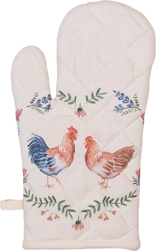 Clayre & Eef Ovenwant 18*30 cm Beige Blauw Groen Katoen Kip en haan Ovenhandschoen Keukentextiel Wasbaar