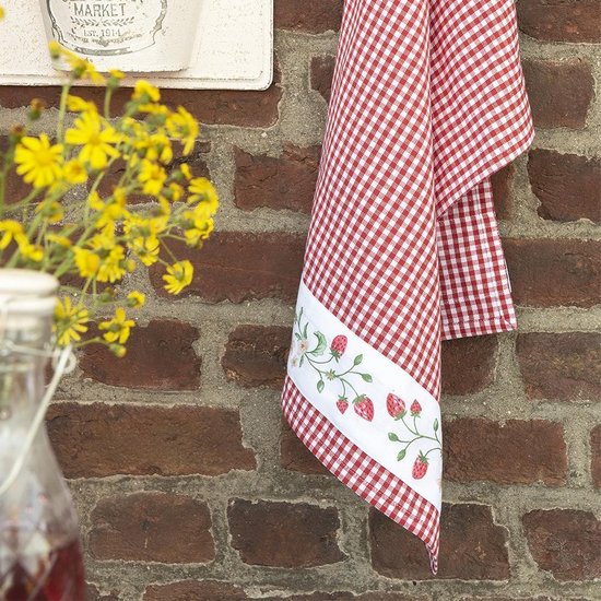 Clayre & Eef Theedoek 50*70 cm Rood Wit Katoen Aardbeien Keukenhanddoek Keukendoek Vaatdoek