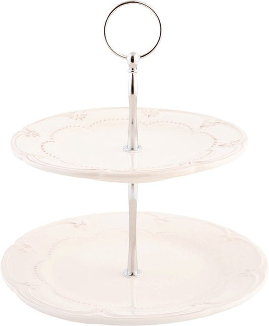 Clayre & Eef Etagère 2 laags 23 cm Beige Keramiek Rond Roosjes Taartplateau Serveerschaal