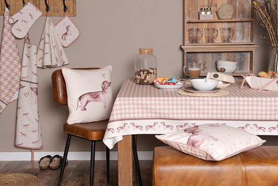 Clayre & Eef Tafelloper 50x140 cm Beige Katoen Rechthoek Teckel Tafelkleed Loper Tafeltextiel