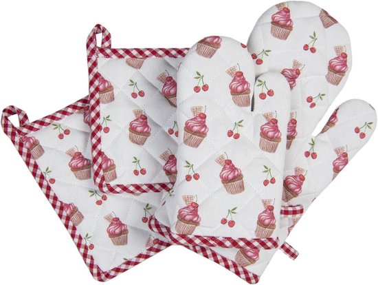 Clayre & Eef Ovenwant 16*30 cm Rood Katoen Cupcake Ovenhandschoen Cadeau voor haar