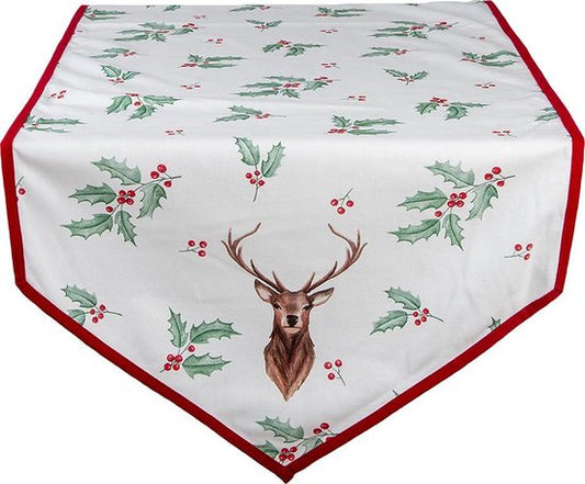 Clayre & Eef Tafelloper Kerst 50*160 cm Wit Rood Groen Katoen Rechthoek Hulstblaadjes, Herthoofd Tafelkleed Loper Tafeltextiel