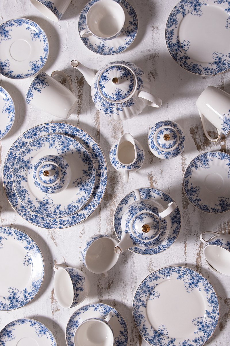 Clayre & Eef Soepkom 500 ml Blauw Porselein Rond Bloemen Serveerkom