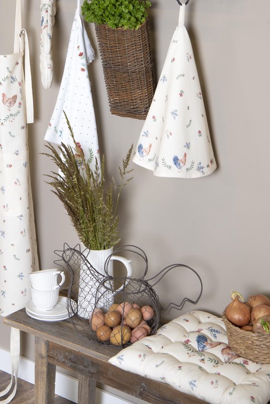 Clayre & Eef Keukenschort 70*85 cm Beige Blauw Groen Katoen Kip en haan BBQ Schort Cadeau voor haar Kookschort