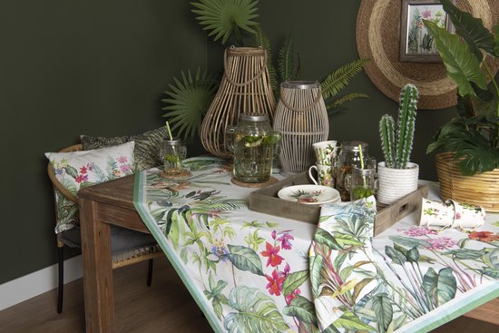 Clayre & Eef Keukenschort 70*85 cm Wit Groen Rood Katoen Tropische planten BBQ Schort Cadeau voor haar Kookschort