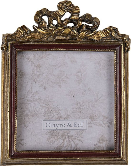 Clayre & Eef Fotolijst 9*1*11 cm / 7*7 cm Goudkleurig Kunststof, Glas Rechthoek Strik Fotokader Wissellijst Foto Frame