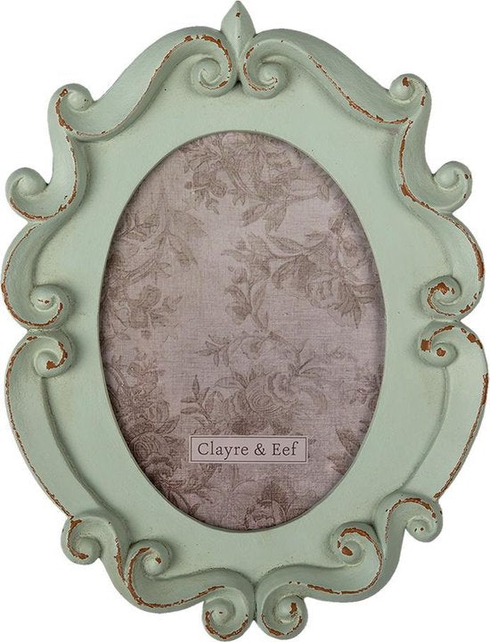 Clayre & Eef Fotolijst 19*2*25 cm / 12*16 cm Turquoise Kunststof, Glas Ovaal Krullen Fotokader Wissellijst Foto Frame