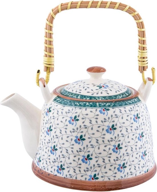 Clayre & Eef Theepot met Filter 18*14*12 cm / 700 ml Blauw Keramiek Rond Bloemen Theekan Cadeau voor haar Chinese Theepot