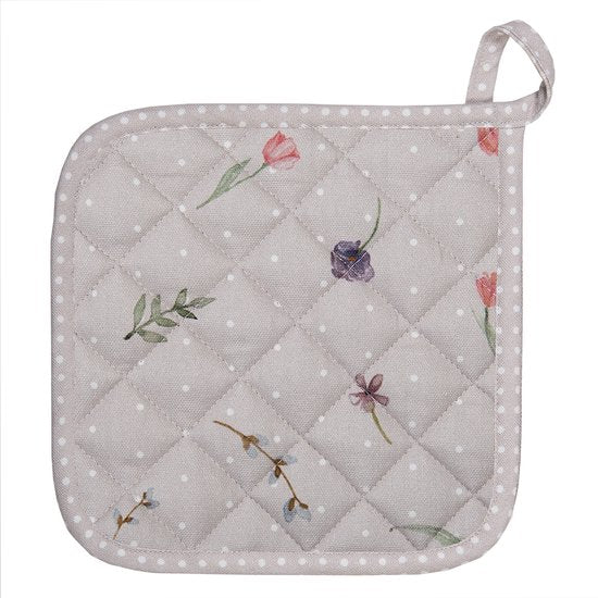 Clayre & Eef Pannenlap 20*20 cm Beige, Grijs Katoen Vierkant Konijn en bloemen Afgiet Pannenlap Afgiethulp