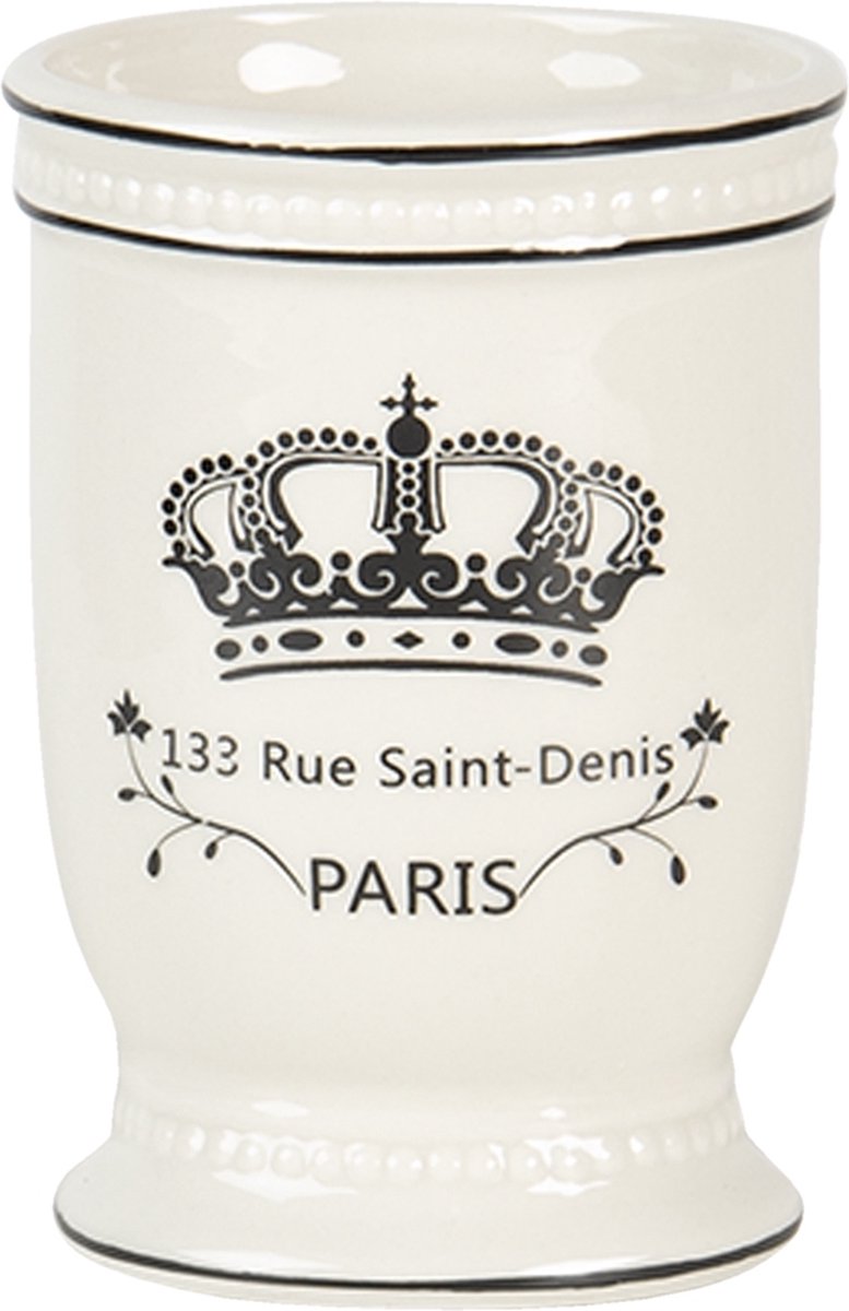 Clayre & Eef Badkamerset Set van 4 Beige Zwart Keramiek Kroon Paris Badkamer Accessoires Set
