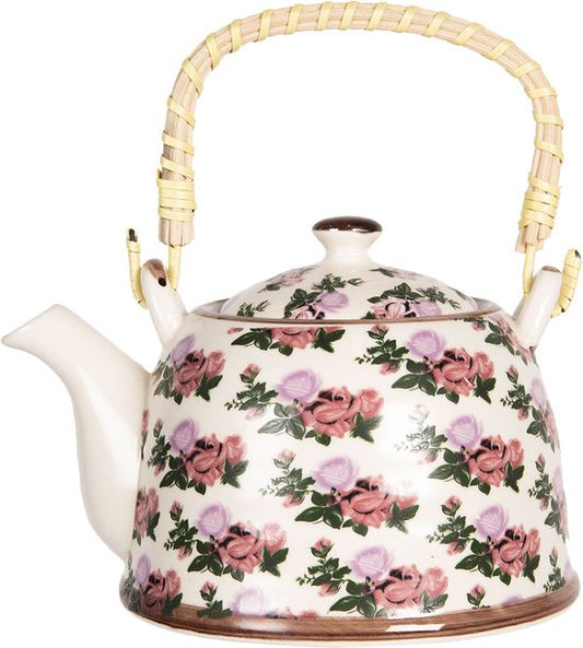 Clayre & Eef Theepot met Filter 600 ml Meerkleurig Porselein Rond Bloemen Theekan Cadeau voor haar Chinese Theepot