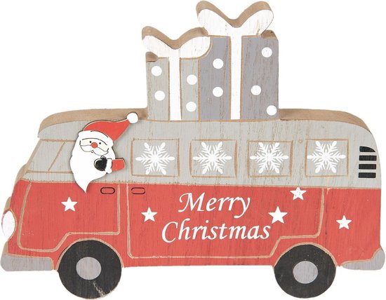 Clayre & Eef Kerstdecoratie Beeld 22*17*2 cm Rood Grijs Hout Merry Christmas Decoratief Figuur Decoratieve Accessoires Kerstdecoratie voor Binnen