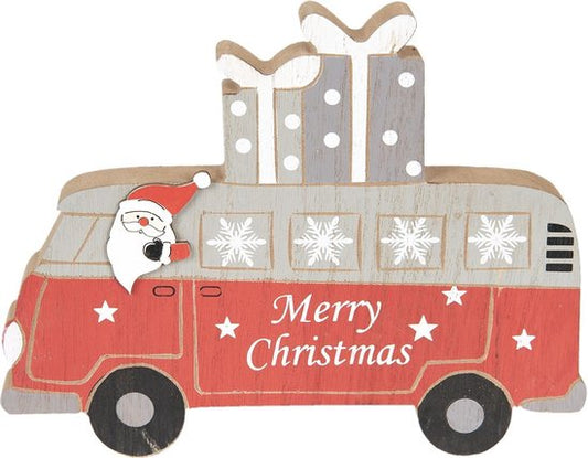 Clayre & Eef Kerstdecoratie Beeld 22*17*2 cm Rood Grijs Hout Merry Christmas Decoratief Figuur Decoratieve Accessoires Kerstdecoratie voor Binnen