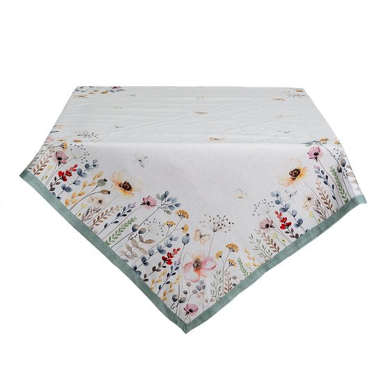 Clayre & Eef Tafelkleed 130*180 cm Wit, Groen Katoen Rechthoek Bloemetjes Tafellaken Tafellinnen Tafeltextiel