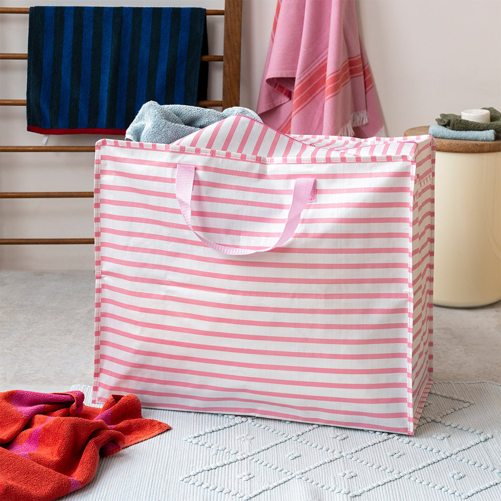 Rex London Jumbo Opbergtas Pink Stripes – XXL Verhuistas met Rits – Grote Opbergzak voor Was, Beddengoed & Opslag
