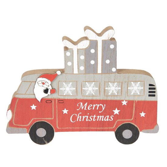 Clayre & Eef Kerstdecoratie Beeld 22*17*2 cm Rood Grijs Hout Merry Christmas Decoratief Figuur Decoratieve Accessoires Kerstdecoratie voor Binnen