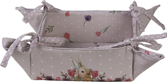 Clayre & Eef Broodmand 35*35*8 cm Grijs Beige Katoen Konijn en bloemen Broodmand stof Basket Cadeau keuken