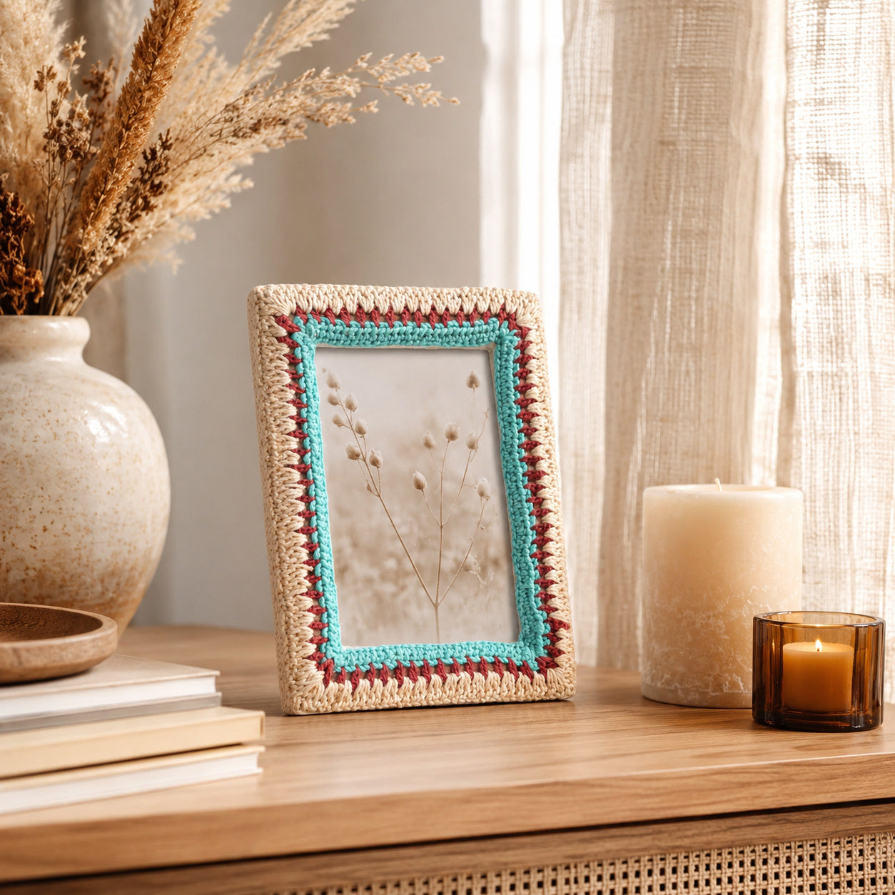 Treasure Hunt Fotolijst 10x15 cm – Boho Fotokader met Gehaakte en Geborduurde Rand – Aqua/Naturel/Multi-colour